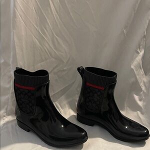 Coach Rivington Signature Knit Rain Booties Black and Red Size 6